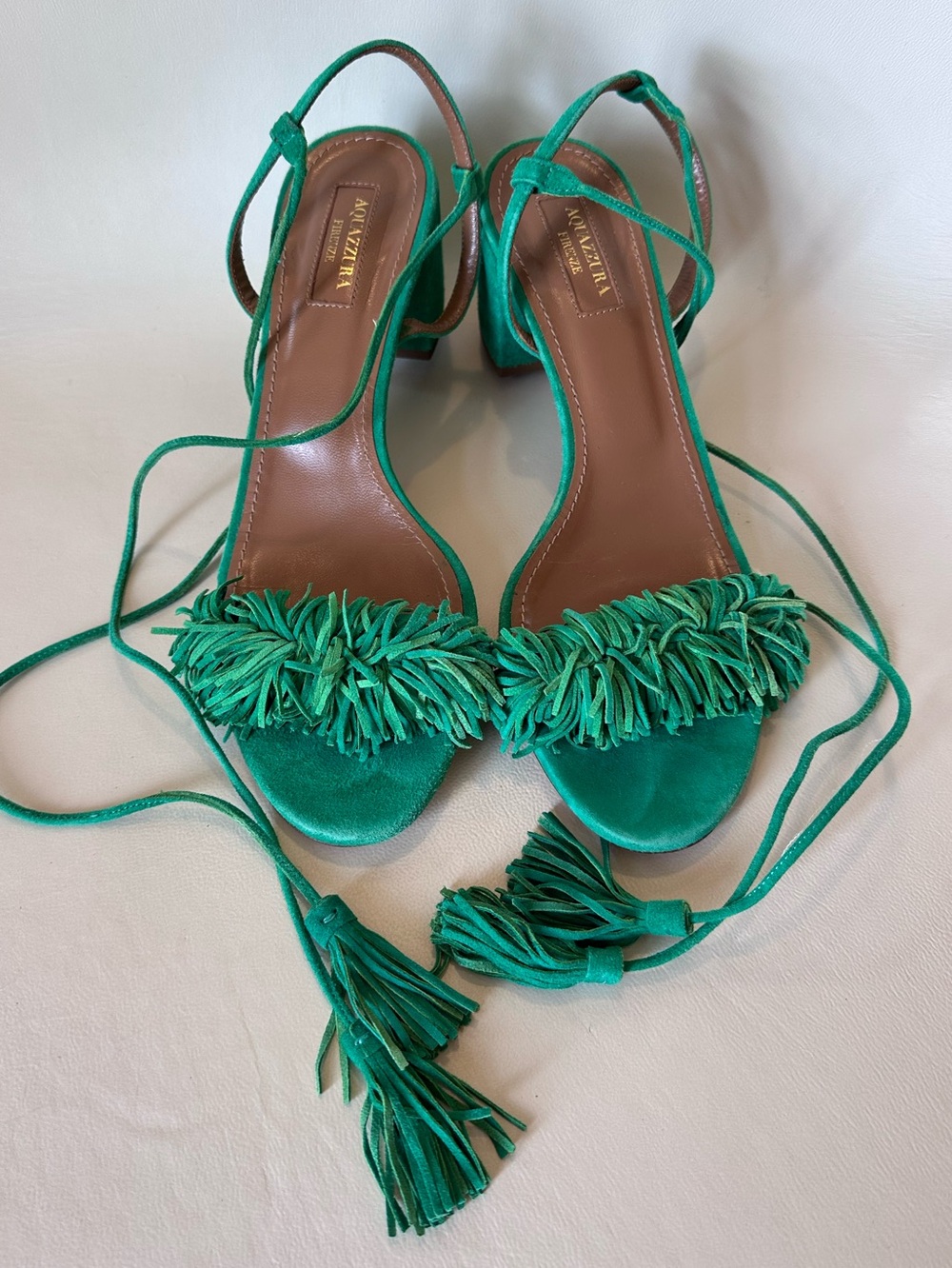 Aquazurra Wild Thing Sandal Block Heel Green Fringe Suede Size 38.5 7.5 8